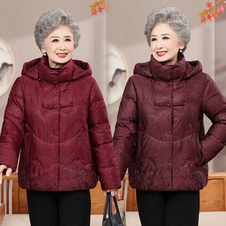 奶奶装时尚女连帽加厚保暖棉衣秋冬老太太老人中老年红色上衣棉袄