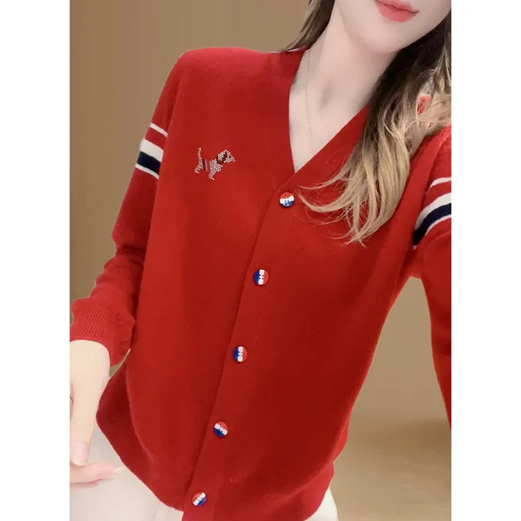 时尚条纹长袖针织毛衣女2025年春秋新款洋气百搭小狗烫钻开衫上衣