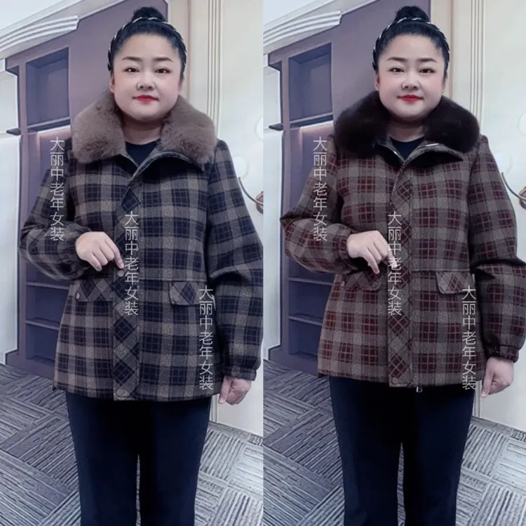 常规格子中老年女装大衣韩版时尚大码保暖妈妈装休闲