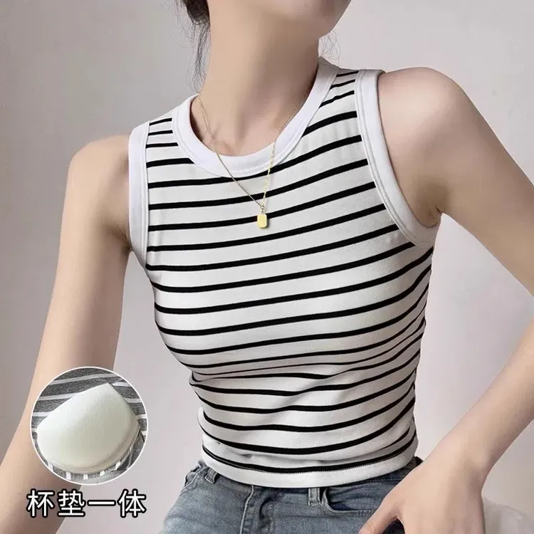 宽肩吊带背心女2025新款带胸垫内搭短款无袖条纹修身外穿打底上衣