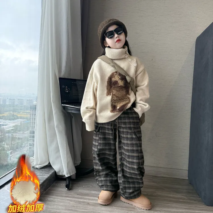 女童秋冬季韩版时髦设计感大翻领高领毛衣大童加绒格子工装阔腿裤