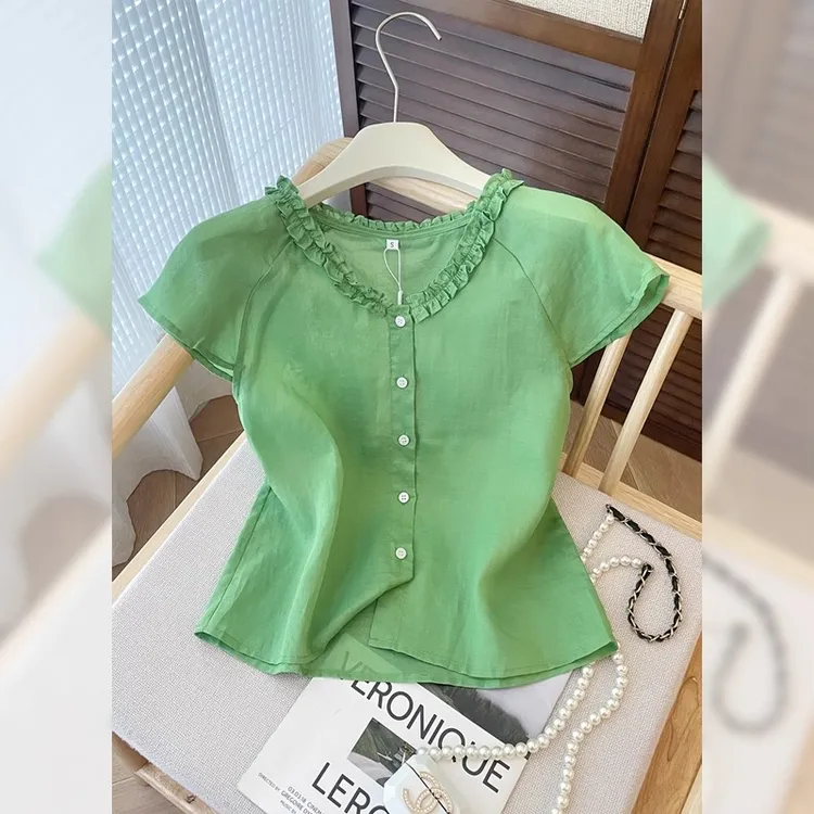 法式修身显瘦凉感衬衫女上衣2025夏季新款甜美减龄花边V领衬衣服