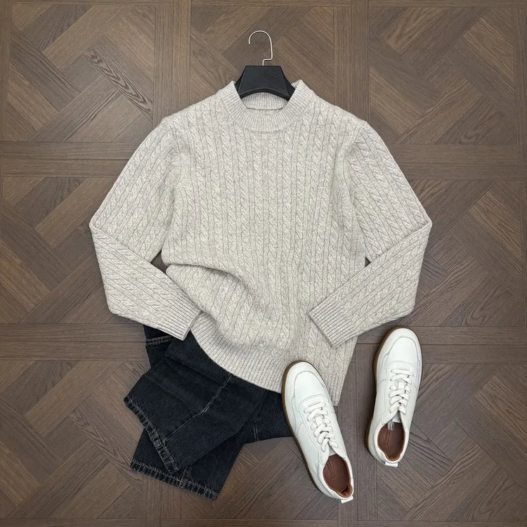 LANSIM·老钱风100%绵羊毛绞花针织衫男士秋冬季重磅打底毛衣衫