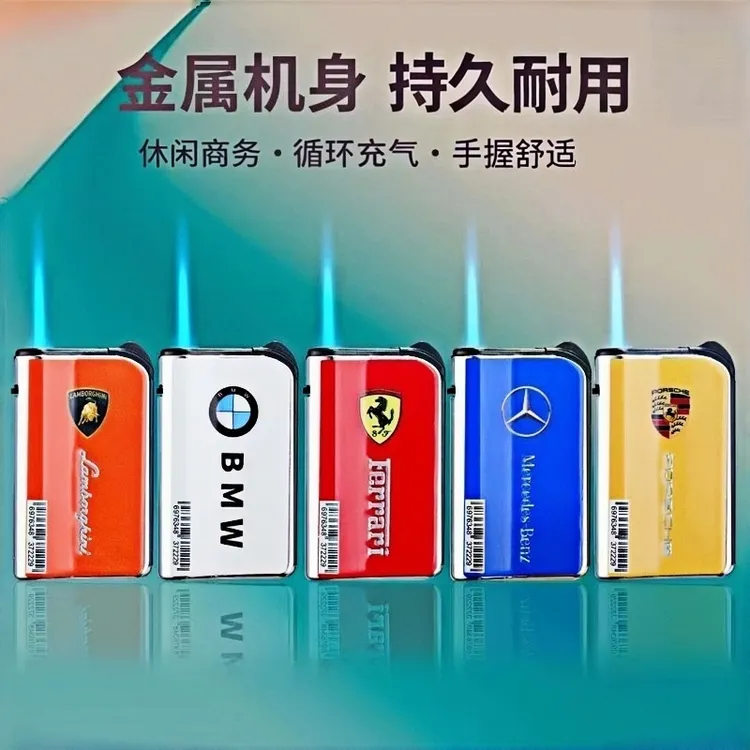新款金属蓝焰直冲防风防爆加厚持久耐用循环充气打火机批发定制