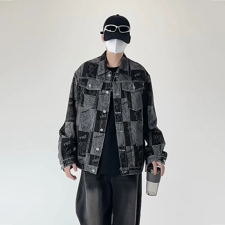 R·super黑色牛仔外套男款春秋季2025潮牌宽松休闲欧美式工装夹克