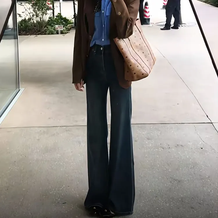 雪千羽美式复古微喇加绒牛仔裤女2025秋小个子高腰宽松马蹄喇叭裤