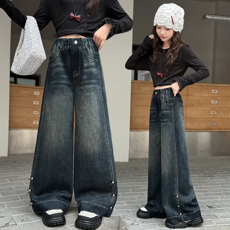 女童牛仔裤春秋季2025新款大儿童超好看洋气时髦直筒阔腿裤子宽松