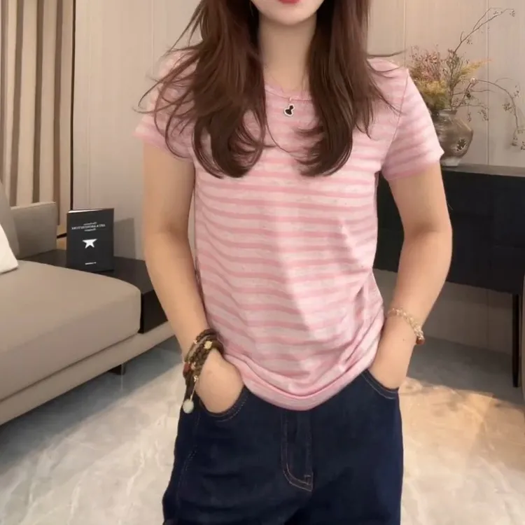 2025新款修身显瘦条纹圆领短袖T恤LK2501907