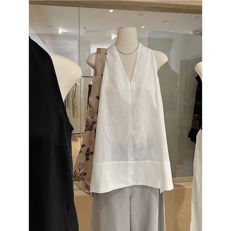 气质挂脖背心女2025夏v领高级感老钱风宽松上衣削肩法式无袖衬衫S