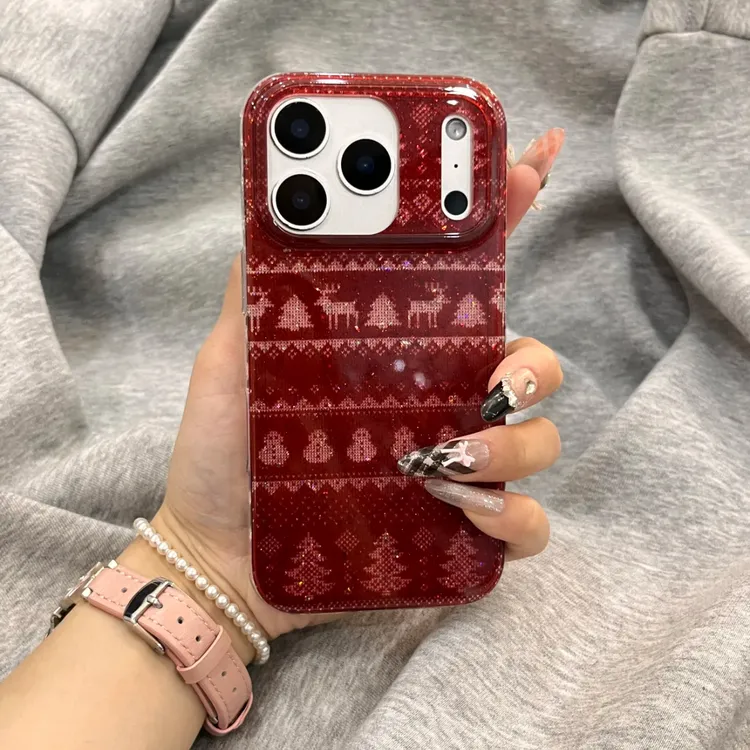 ins费尔岛闪粉红色圣诞适用苹果17promax手机壳iphone16pro新款14