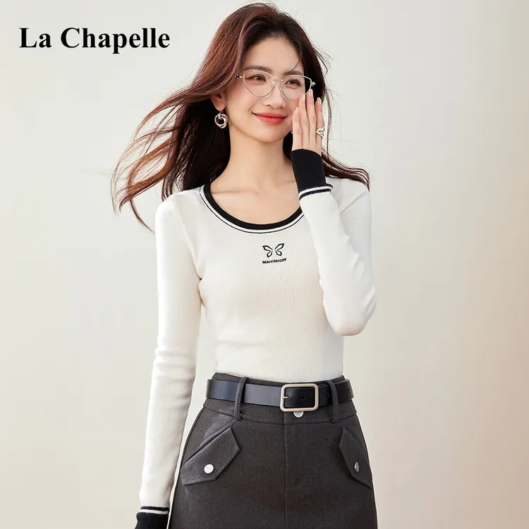 拉夏贝尔撞色U领正肩上衣女2025秋冬新款韩系蝴蝶结针织打底衫潮
