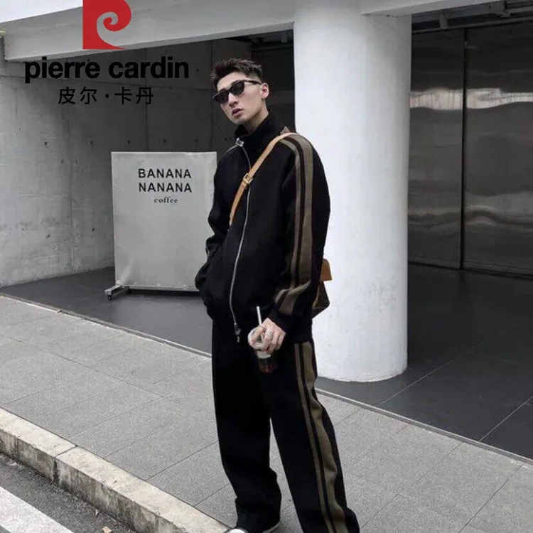皮尔卡丹欧洲站秋季新款休闲运动套装男士潮牌痞帅条纹宽松卫衣长