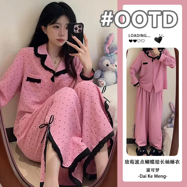 韩版少女蝴蝶结拼接家居服套装女休闲减龄波点长袖长裤可外穿睡衣