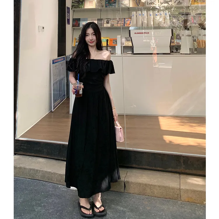 大码女装法式纯欲风一字肩抹胸连衣裙夏季胖mm气质收腰显瘦字裙