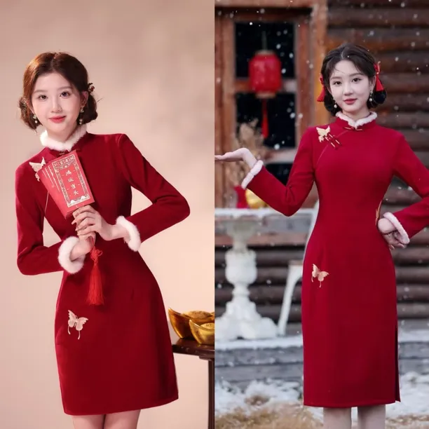 芊芊 【蝴蝶】2025冬季新中式小个子加绒加厚气质减龄旗袍拜年服