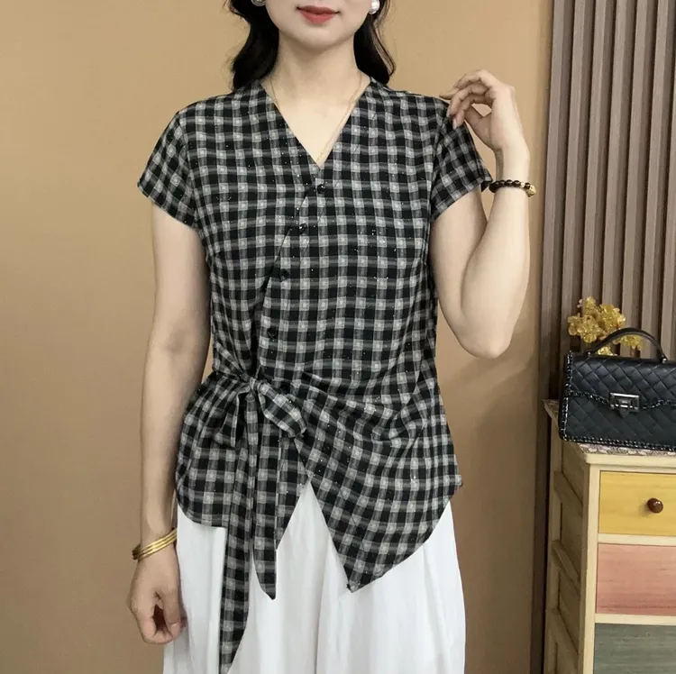 2025夏季新款格子休闲洋气短袖气质百搭V领显瘦开衫扣上衣小衫773