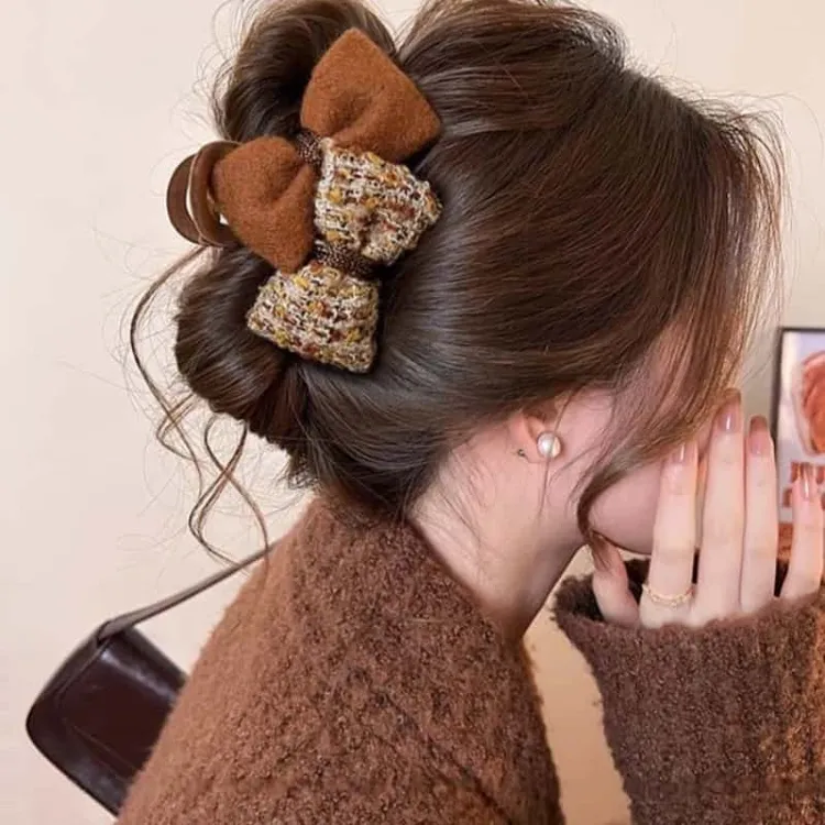 南瓜色AB面蝴蝶结抓夹大号女2024新高级感鲨鱼夹子发夹后脑勺头饰