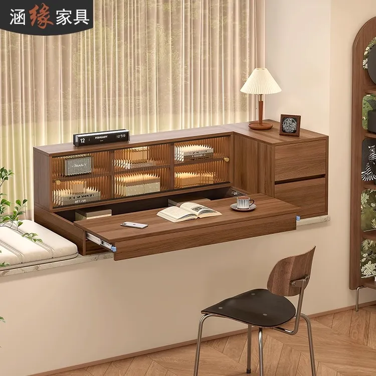 中古风2025新款飘窗书桌可伸缩梳妆台收纳柜一体飘窗柜储物柜L75