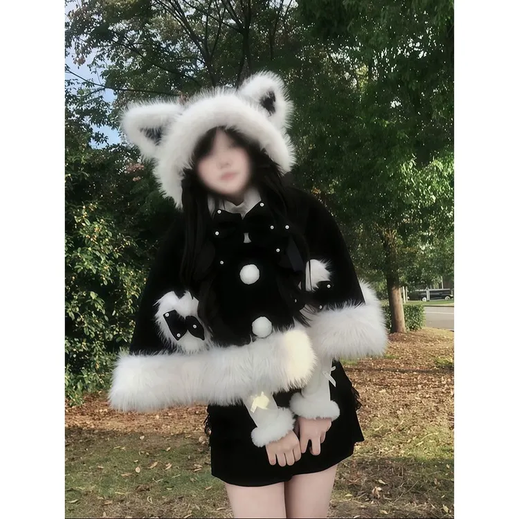 罐头月光-Lolita冬季新款黑白蝴蝶结软妹斗篷外套+短裙两件套