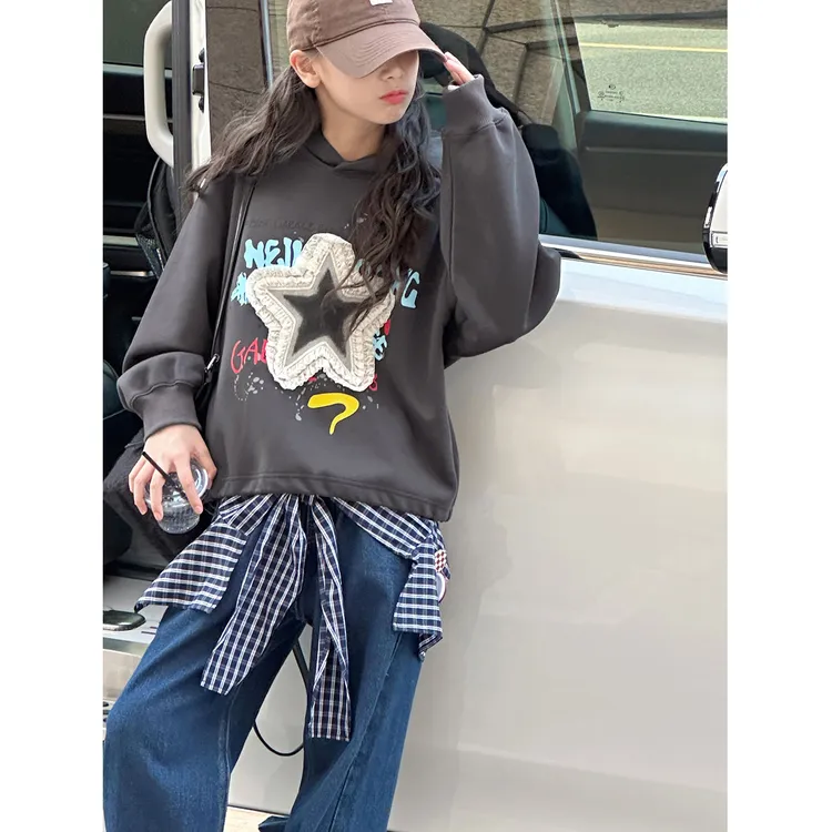 K29722孙小美美式复古女童连帽卫衣2025新款秋装儿童宽松上衣服潮