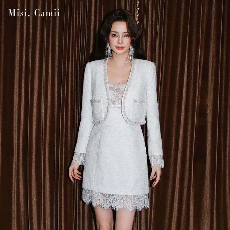Misi,Camii2025秋冬新款女装钉珠蕾丝V领花呢外套时尚小香风套装