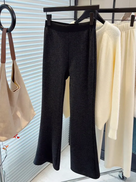 大长腿~超显瘦深灰色一体绒喇叭裤女冬季新款弹力垂感高腰微喇裤