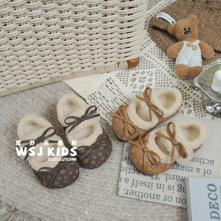 望舒家『小碎花』韩版女童蝴蝶结加绒勃肯鞋秋冬季保暖豆豆鞋棉鞋02