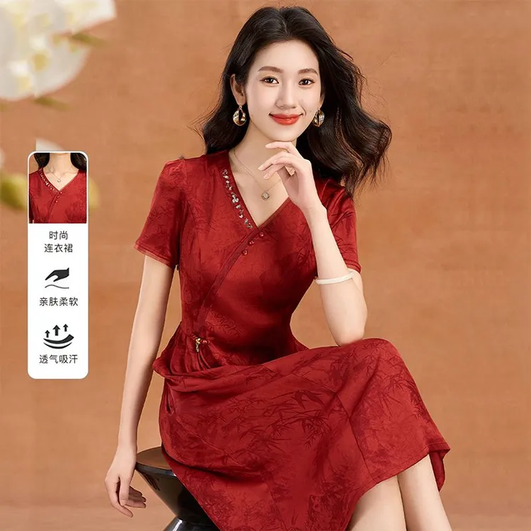 新中式国风低领改良旗袍2025新女夏妈妈喜婆婆婚宴礼服高考连衣裙