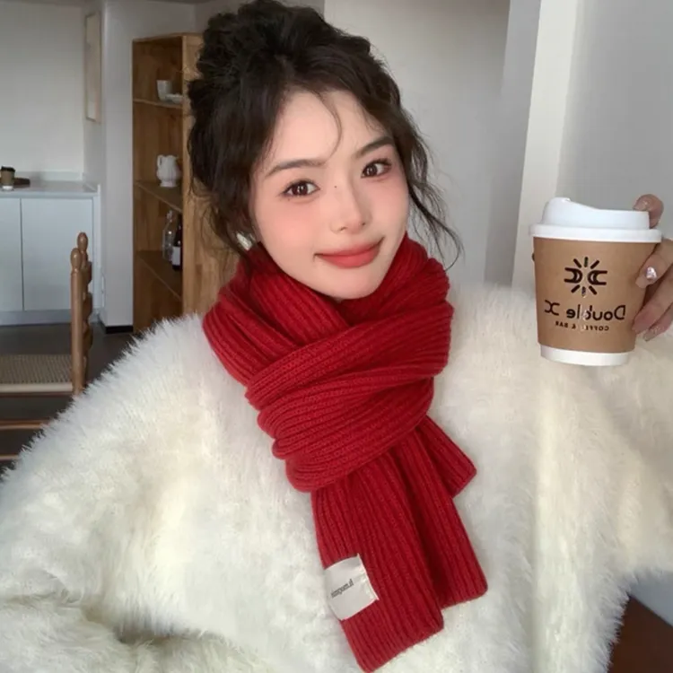 红色围巾针织女款2025新款冬季韩系氛围感高级感新年围脖百搭秋冬