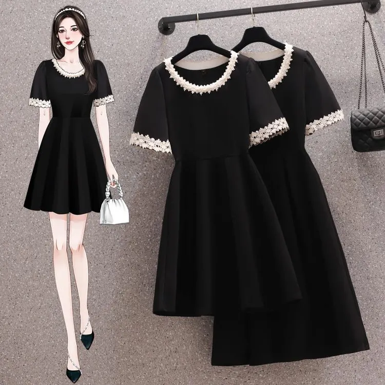 法式赫本风短袖连衣裙女夏季大码胖mm收腰显瘦遮肚高级感小黑裙子
