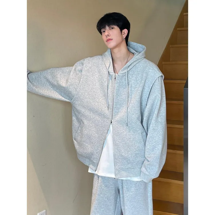 美式重磅连帽卫衣男春秋款开衫短款垫肩外套潮牌citywalk休闲运动