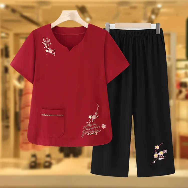 奶奶装夏季短袖套装中老年人女装衬衫两件套老年人夏装女衣服裤子
