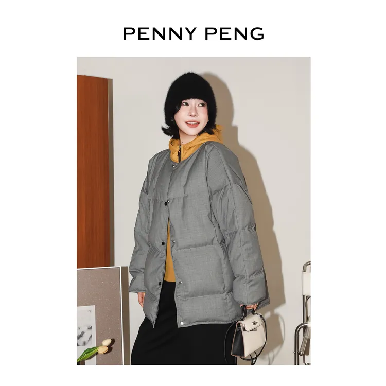 PENNYPENG温暖自定义 黑标系列保暖翻领时尚千鸟格90绒鹅绒服外套