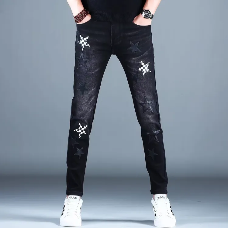 美式高街hiphop贴皮星星刺绣潮牌男女修身显瘦潮流黑色弹力长裤子