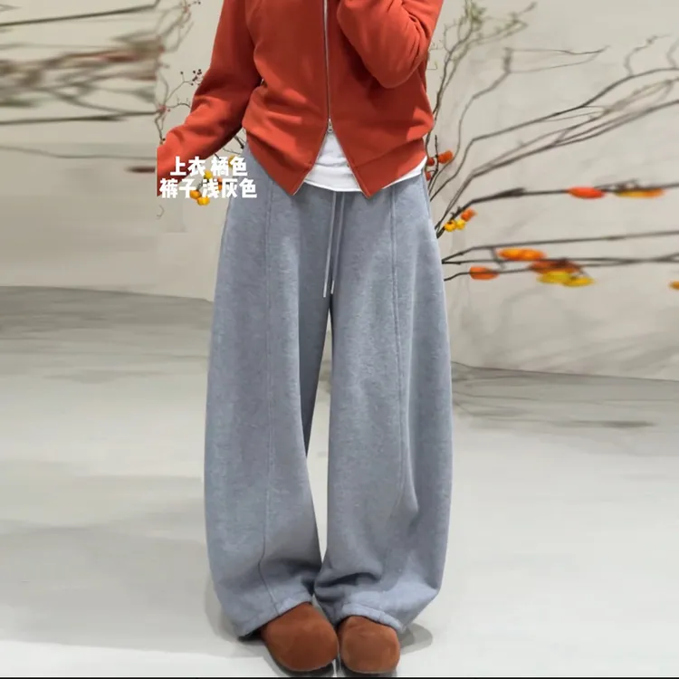 灰色加绒弯刀阔腿卫裤女加厚2025冬季新款高腰宽松垂感休闲运动裤