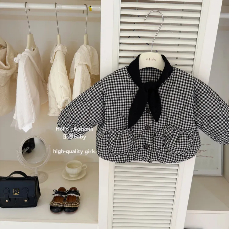 【乐恩童装】原创设计秋冬季女童黑色格子棉衣加厚小香风棉袄外套