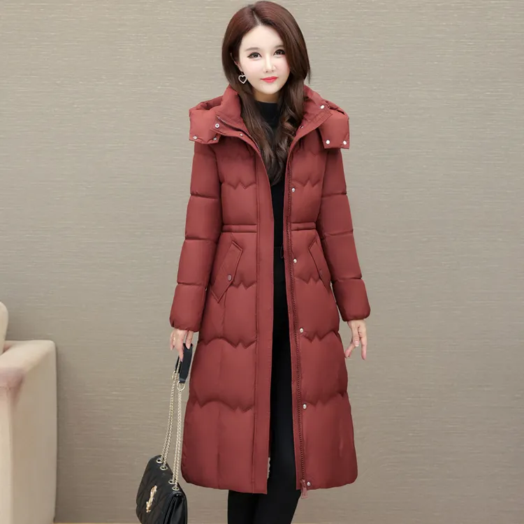 2025新款韩版修身长款棉服女收腰显瘦连帽棉衣女