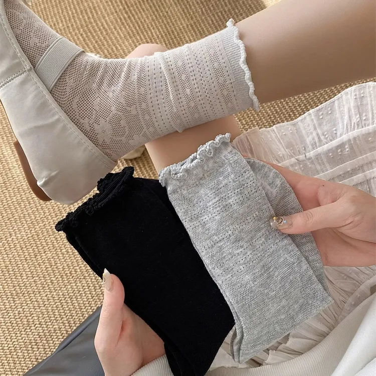 堆堆袜女搭配小皮鞋夏季薄款中筒袜镂空网眼jk甜妹纯欲风蕾丝长袜