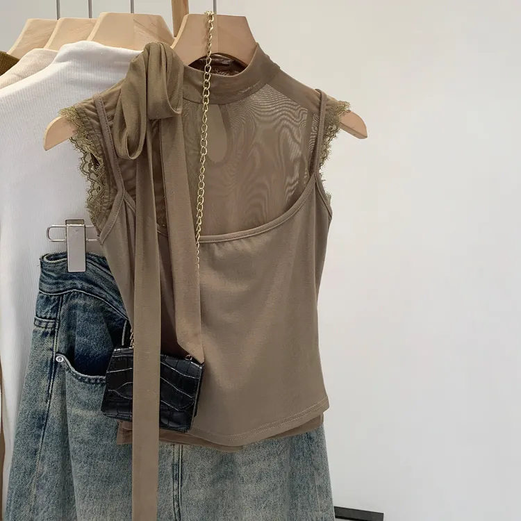 热销绝美辣妹网纱无袖挂脖飘带无袖背心女2025夏季新款法式气质小