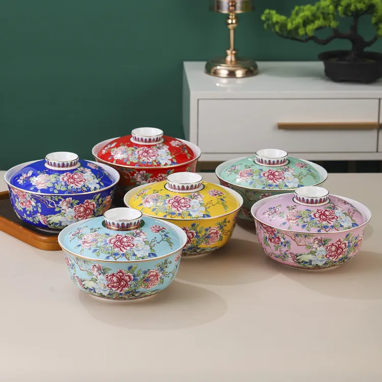 珐琅彩牡丹带盖碗家用泡面碗老式大码菜碗盘和合器景德镇陶瓷汤碗