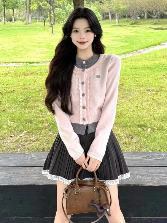 韩系穿搭一整套独特绝美套装女秋冬假两件针织毛衣半身裙两件套潮