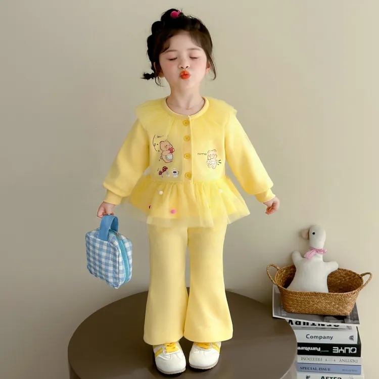 女小童韩版套装春秋款女宝宝网纱小熊开衫女12岁潮秋女童加厚套装