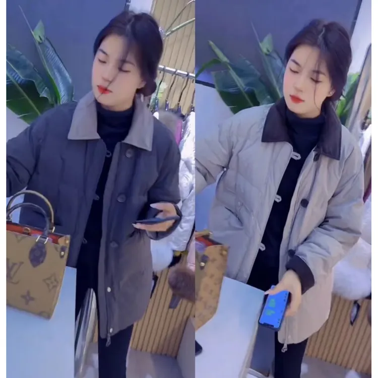 欧货翻领中长款拼接撞色棉服宽松保暖显瘦外套2025年冬季新款女