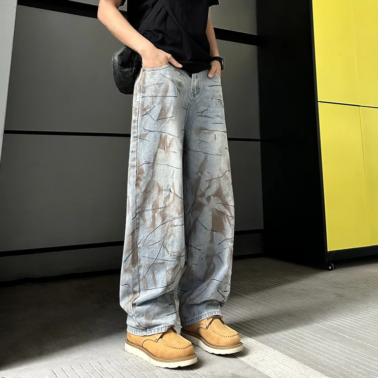 QUALCOMM街头手绘脏染涂鸦阔腿裤男春夏美式痞帅宽松直筒牛仔裤潮