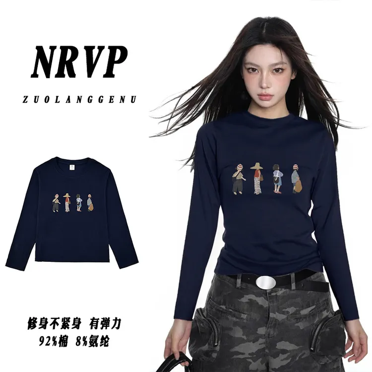 品质女孩印花正肩长袖t恤女修身高弹力休闲简约ins大码女装上衣潮