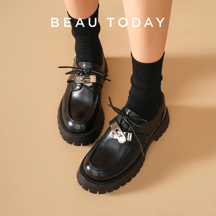 BeauToday【小牛皮】轻量化增高乐福鞋好运锁女款系带百搭小皮鞋子