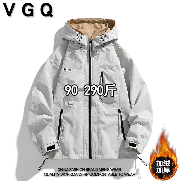 VGQ男士加绒加厚连帽夹克冬季加肥大码胖子潮流百搭工装上衣外套