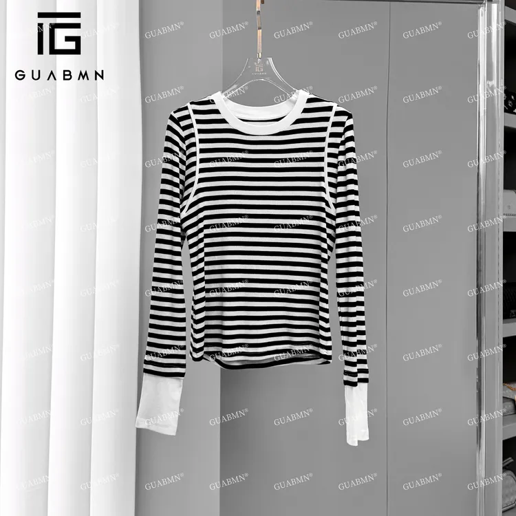 2025春季新款手袖口拼色条纹长袖针织衫3298