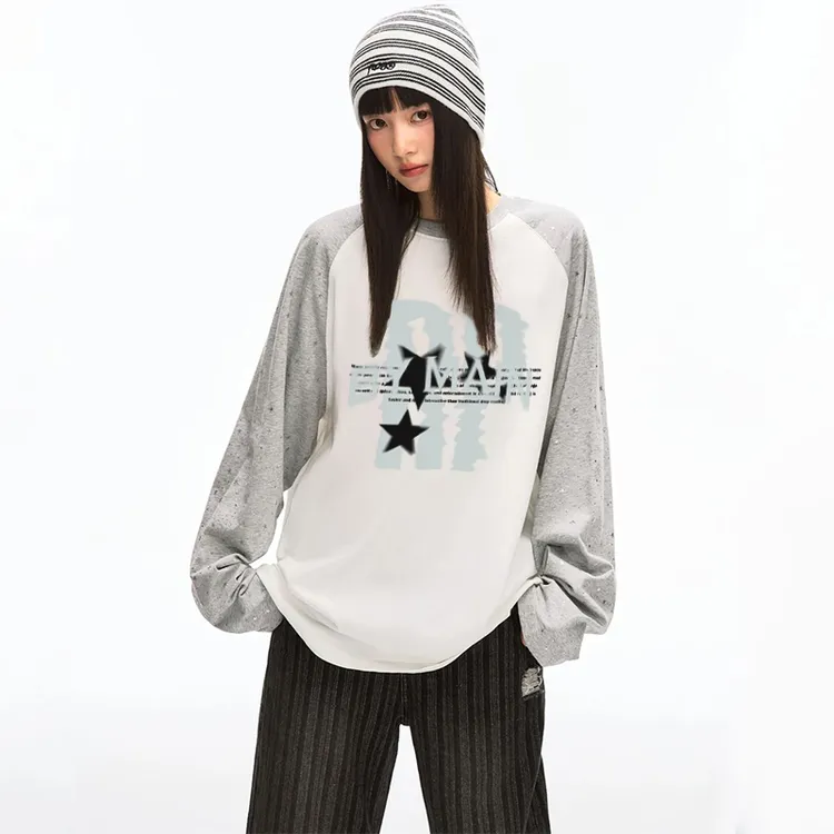 秋季韩式简约潮流字母印花长袖男女款新款时尚宽松星星插肩袖T恤
