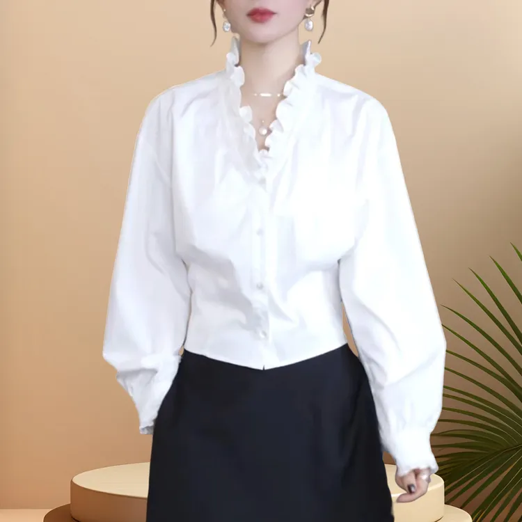 简约减龄时尚百搭法式V领木耳花边衬衫2025秋季新款纯色长袖上衣